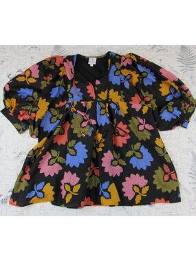 NEW J.Marie Collection Multicolor Floral Print Babydoll Blouse Top Womens XS